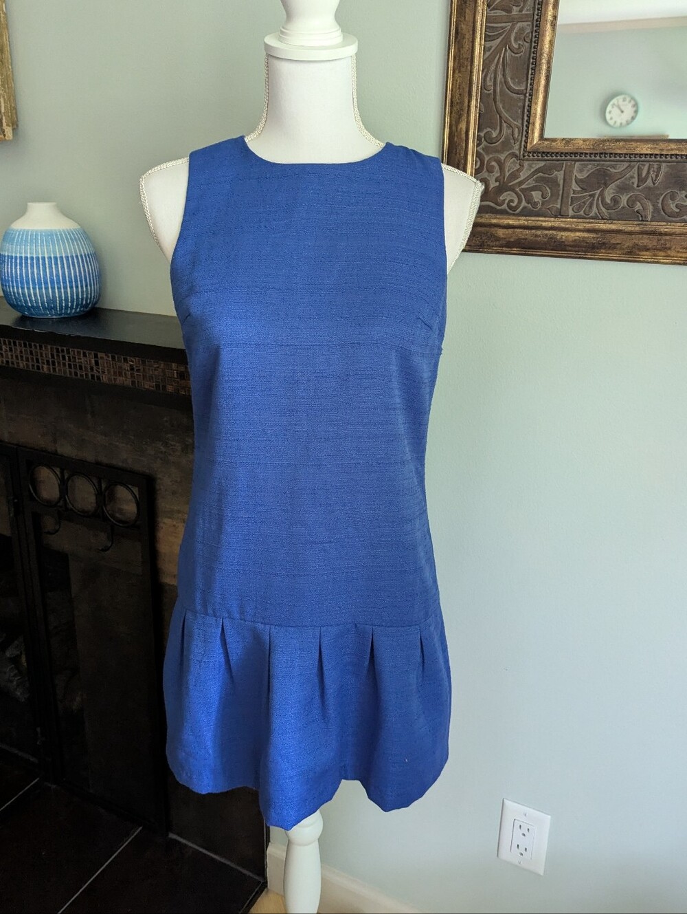 Ann Taylor LOFT Size 2 Petite Textured Cobalt Blue Drop Waist Dress Sleeveless